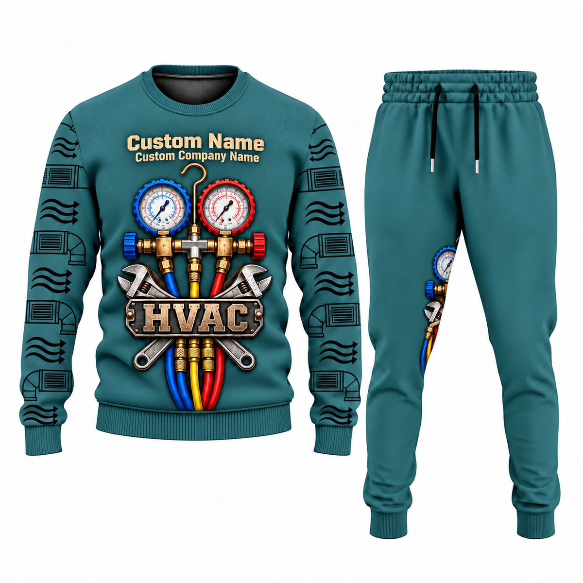 HVAC Central Emblem sweater and jogger combo, teal view with name and company artwork
