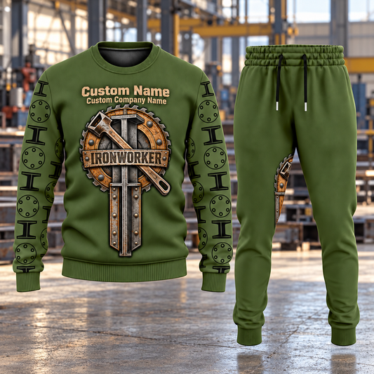Ironworker Central Emblem sweater and jogger combo, hero view with name and company artwork