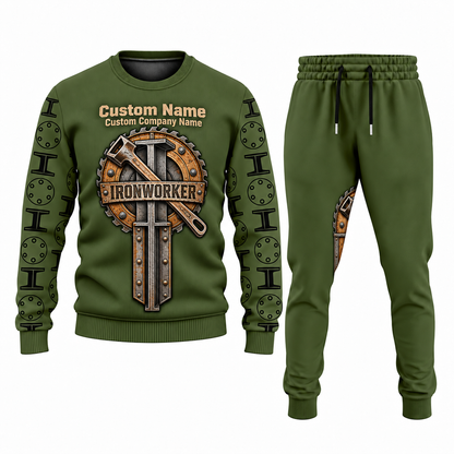 Ironworker Central Emblem sweater and jogger combo, olive view with name and company artwork