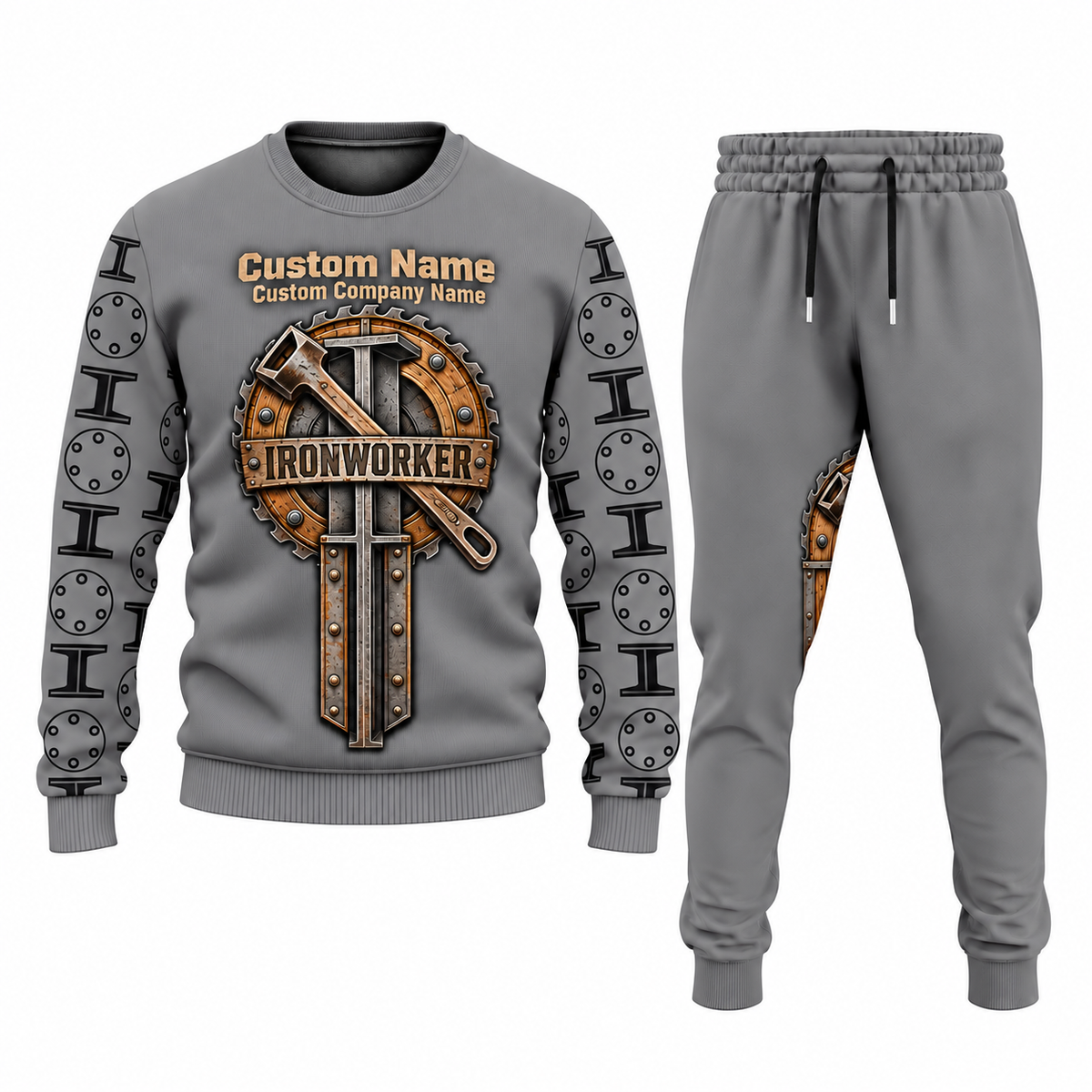 Ironworker Central Emblem sweater and jogger combo, gray view with name and company artwork