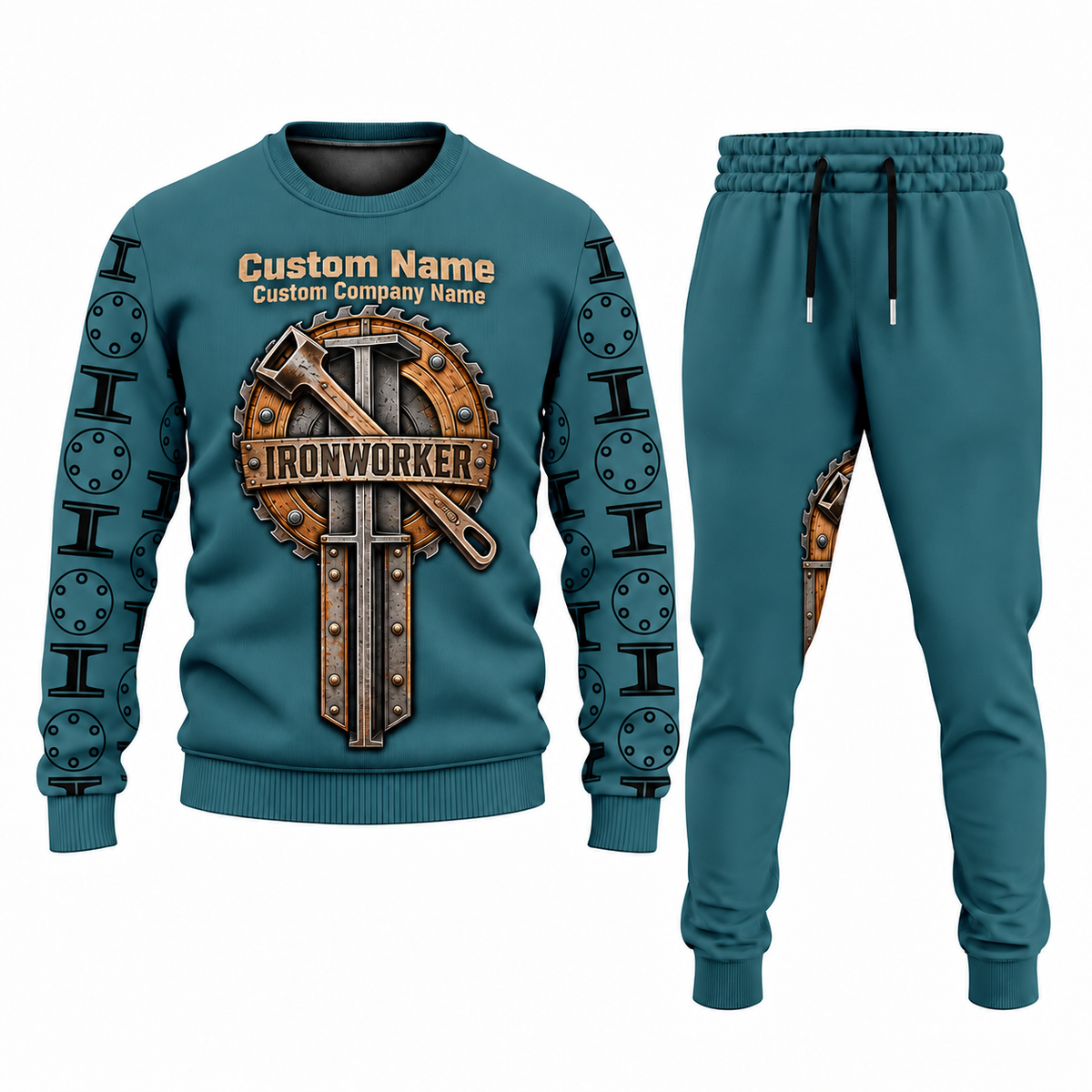 Ironworker Central Emblem sweater and jogger combo, teal view with name and company artwork