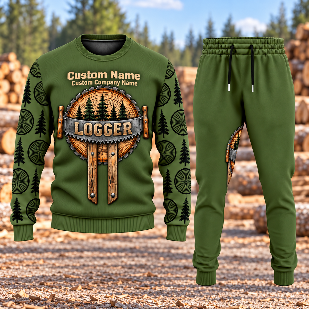 Logger Central Emblem sweater and jogger combo, hero view with name and company artwork
