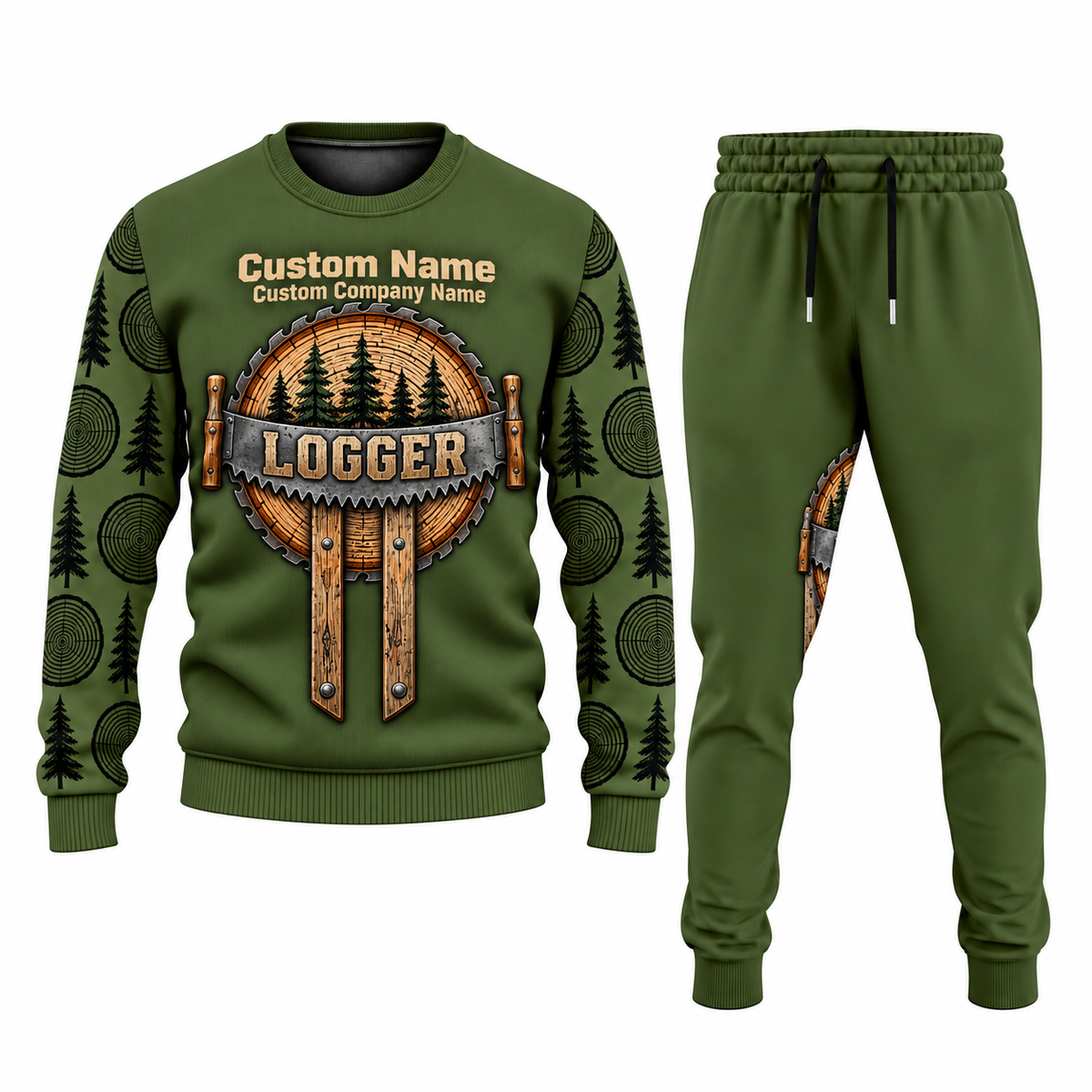 Logger Central Emblem sweater and jogger combo, olive view with name and company artwork