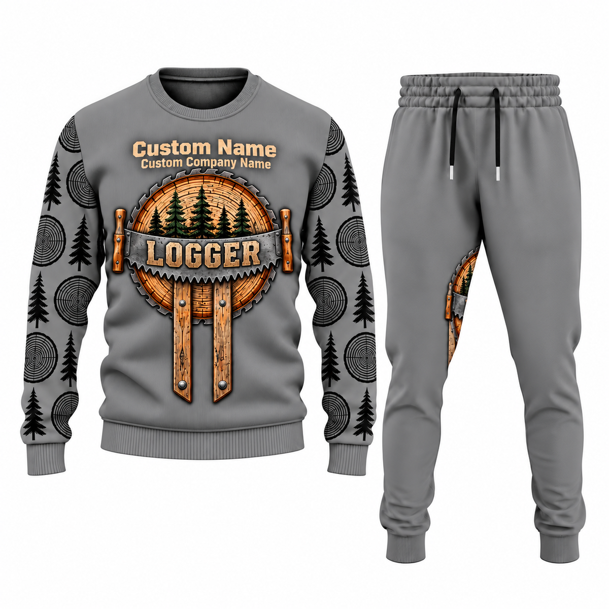 Logger Central Emblem sweater and jogger combo, gray view with name and company artwork