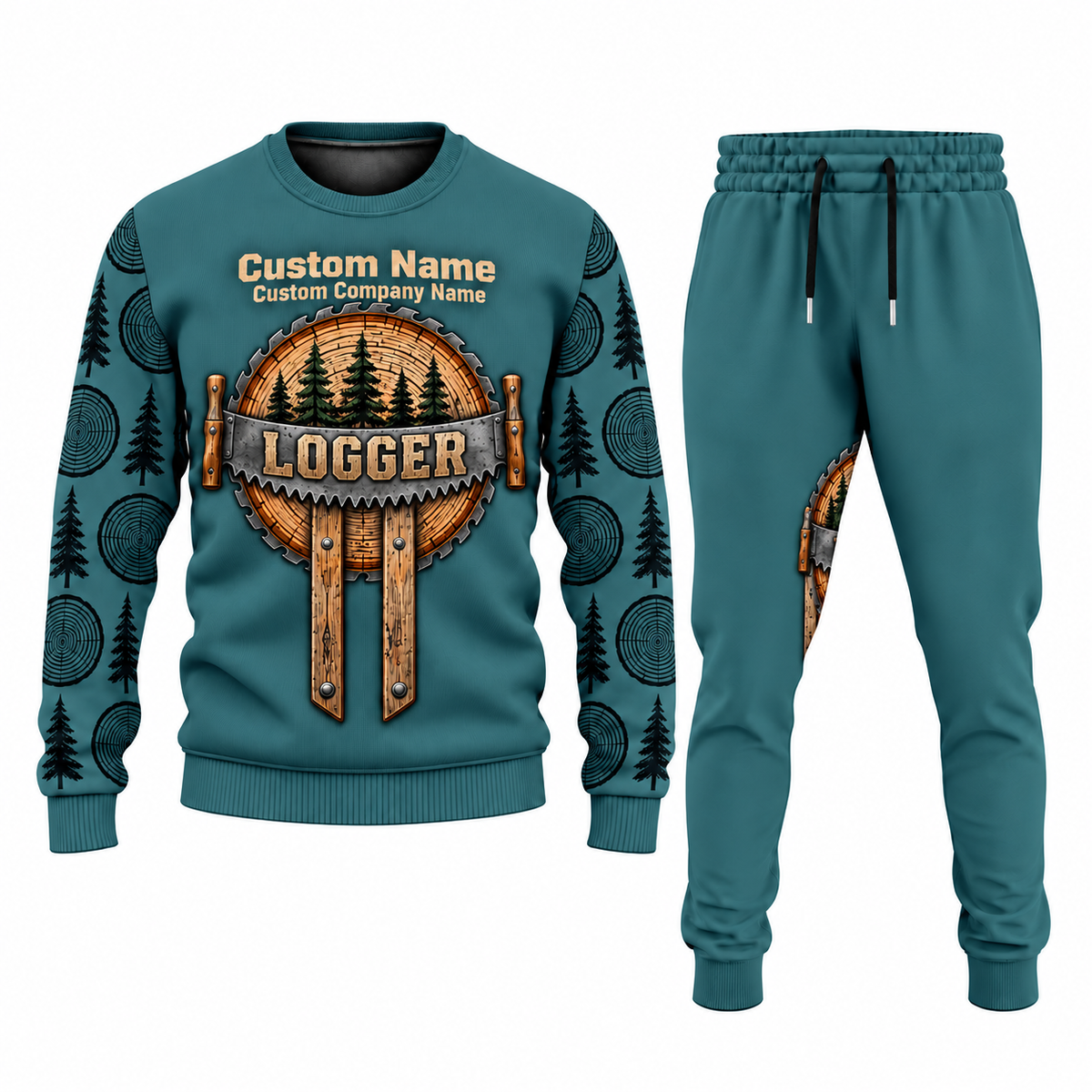 Logger Central Emblem sweater and jogger combo, teal view with name and company artwork