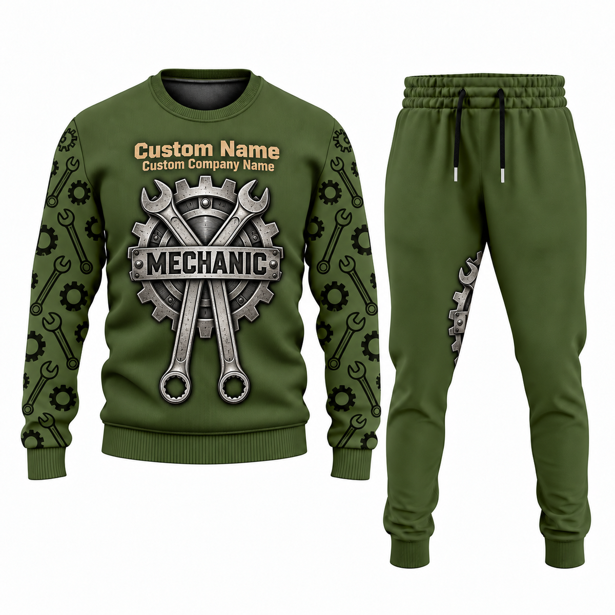Mechanic Central Emblem sweater and jogger combo, olive view with name and company artwork