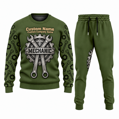 Mechanic Central Emblem sweater and jogger combo, olive view with name and company artwork
