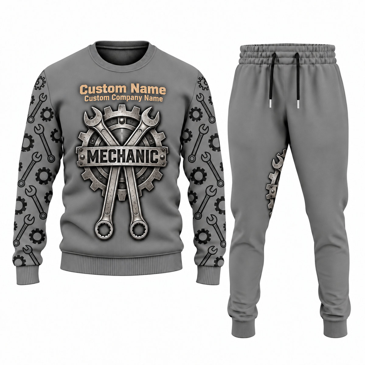 Mechanic Central Emblem sweater and jogger combo, gray view with name and company artwork