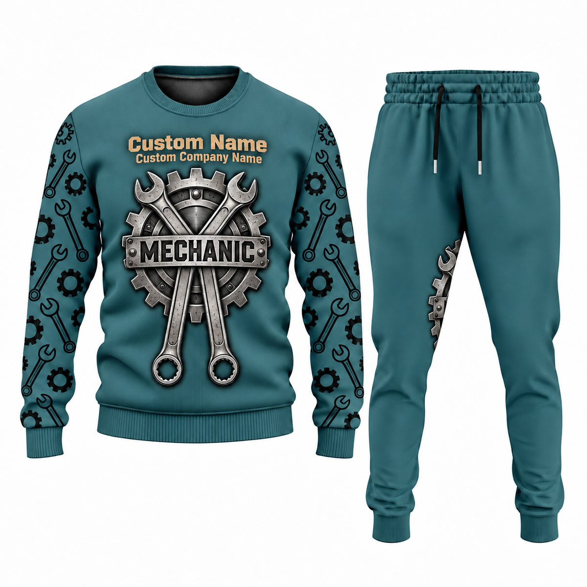 Mechanic Central Emblem sweater and jogger combo, teal view with name and company artwork