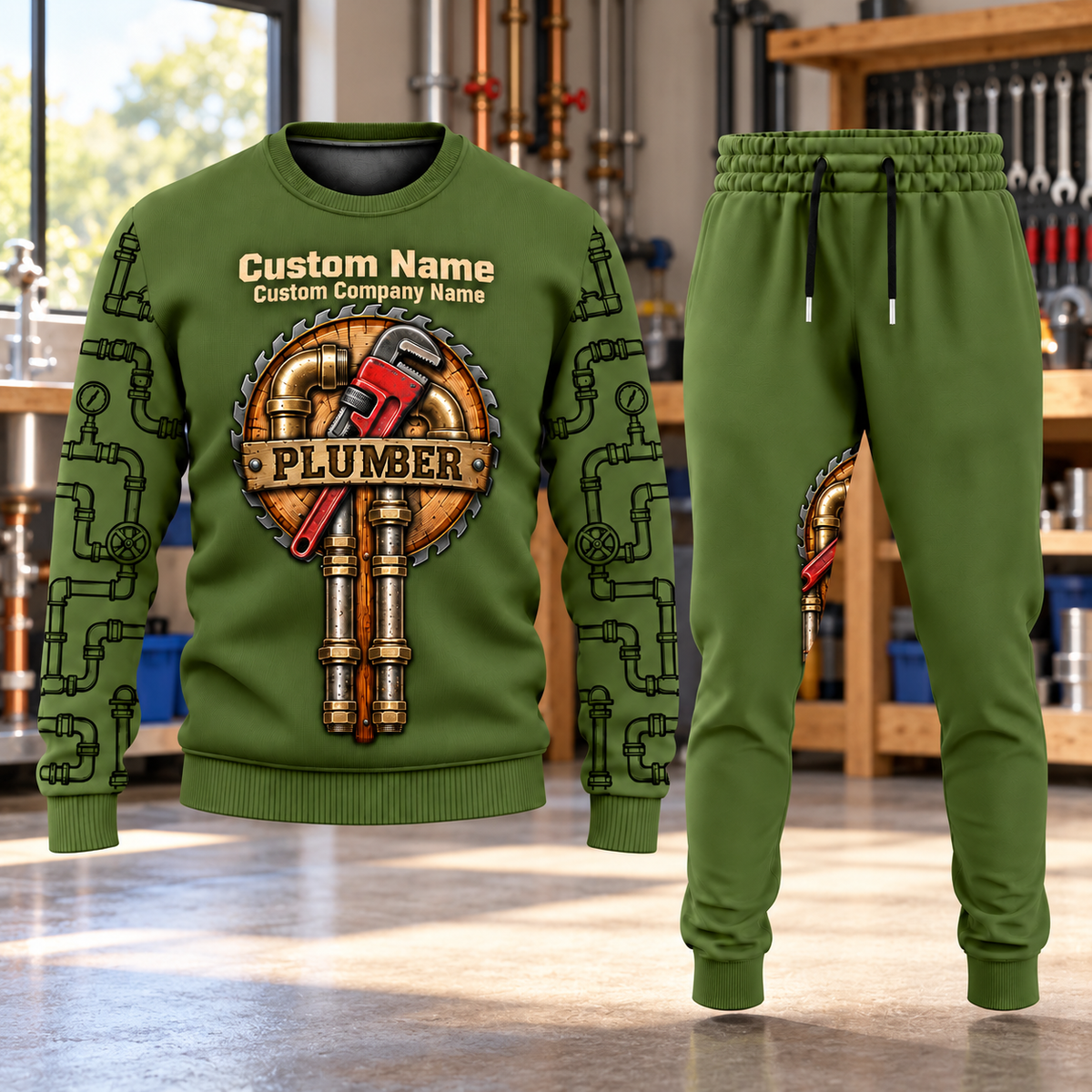 Plumber Central Emblem sweater and jogger combo, hero view with name and company artwork