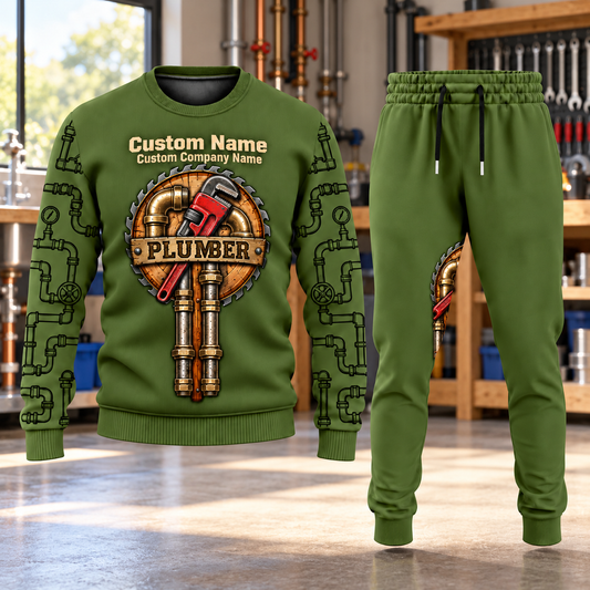 Plumber Central Emblem sweater and jogger combo, hero view with name and company artwork
