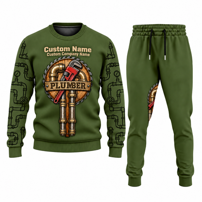 Plumber Central Emblem sweater and jogger combo, olive view with name and company artwork