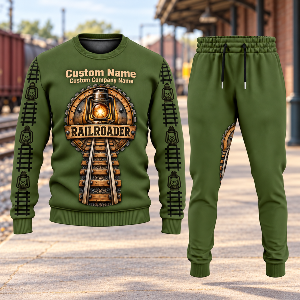 Railroader Central Emblem sweater and jogger combo, hero view with name and company artwork