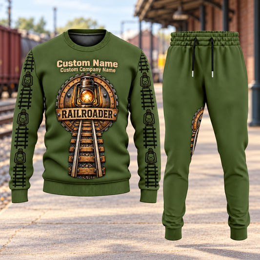 Railroader Central Emblem sweater and jogger combo, hero view with name and company artwork