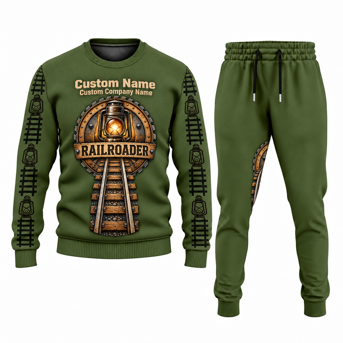 Railroader Central Emblem sweater and jogger combo, olive view with name and company artwork