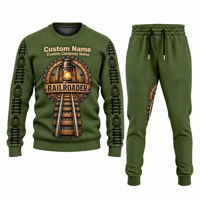 Railroader Central Emblem sweater and jogger combo, olive view with name and company artwork
