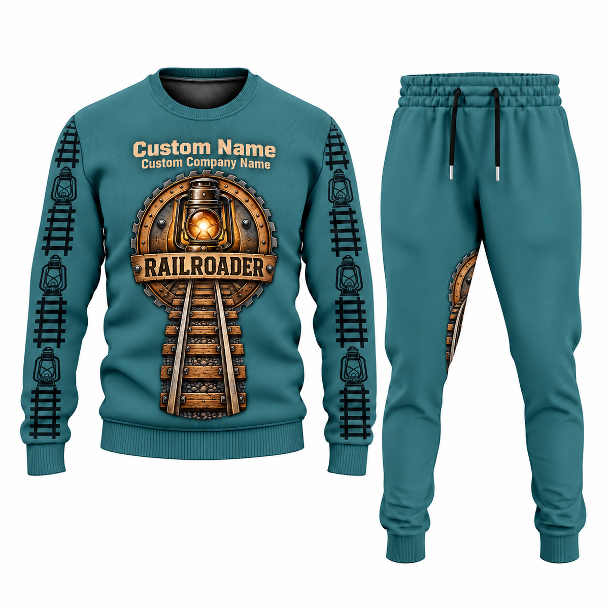 Railroader Central Emblem sweater and jogger combo, teal view with name and company artwork