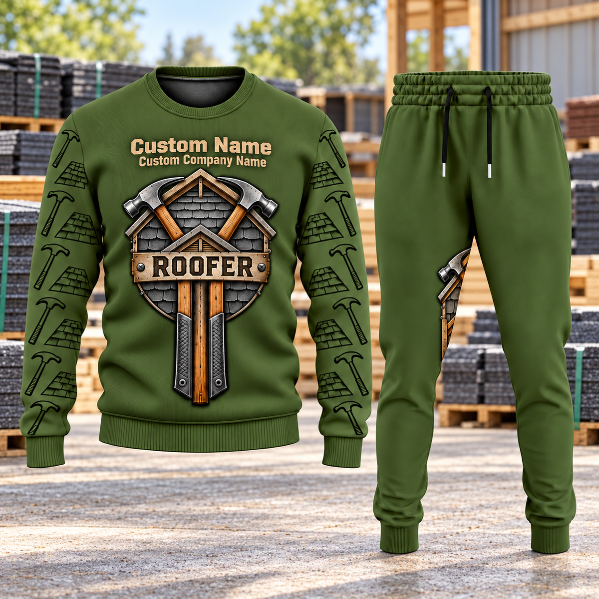 Roofer Central Emblem sweater and jogger combo, hero view with name and company artwork
