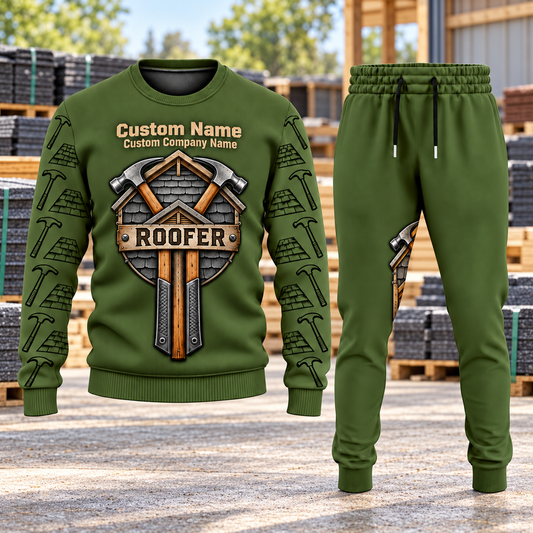 Roofer Central Emblem sweater and jogger combo, hero view with name and company artwork