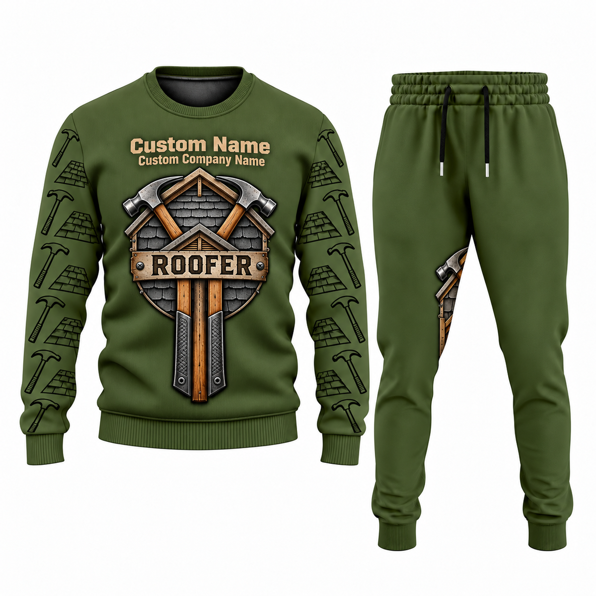 Roofer Central Emblem sweater and jogger combo, olive view with name and company artwork