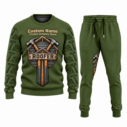 Roofer Central Emblem sweater and jogger combo, olive view with name and company artwork