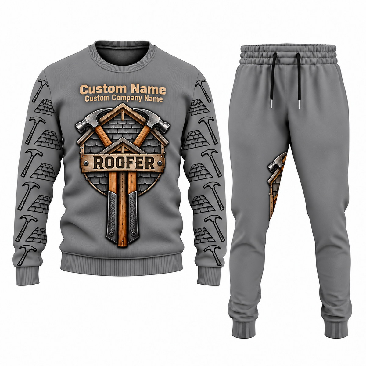 Roofer Central Emblem sweater and jogger combo, gray view with name and company artwork