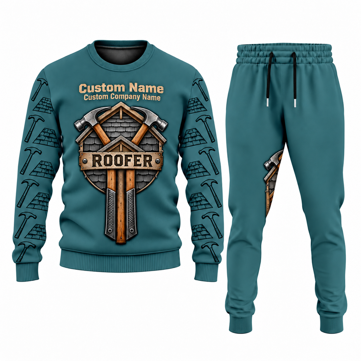 Roofer Central Emblem sweater and jogger combo, teal view with name and company artwork