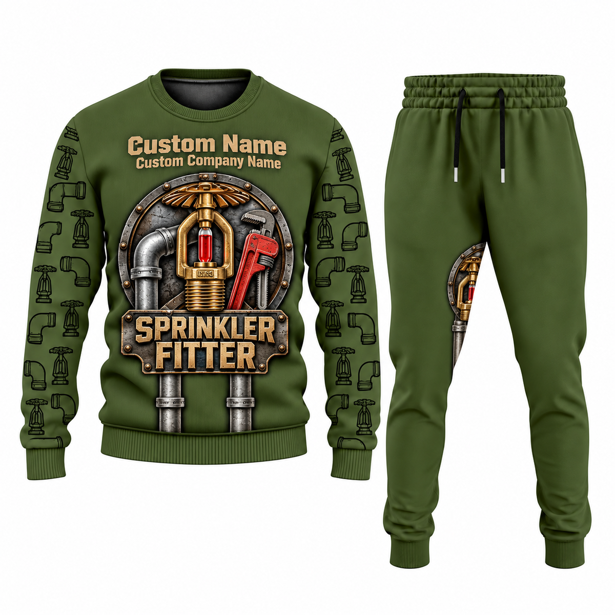 Sprinkler Fitter Central Emblem sweater and jogger combo, olive view with name and company artwork