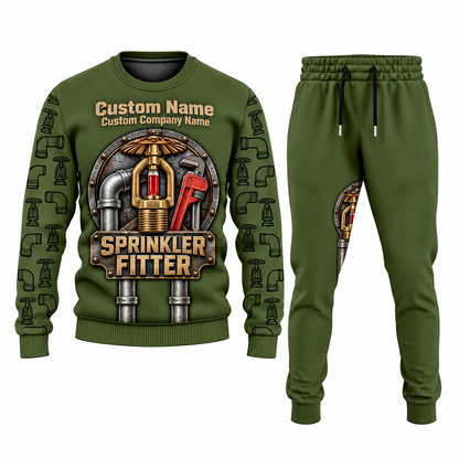 Sprinkler Fitter Central Emblem sweater and jogger combo, olive view with name and company artwork