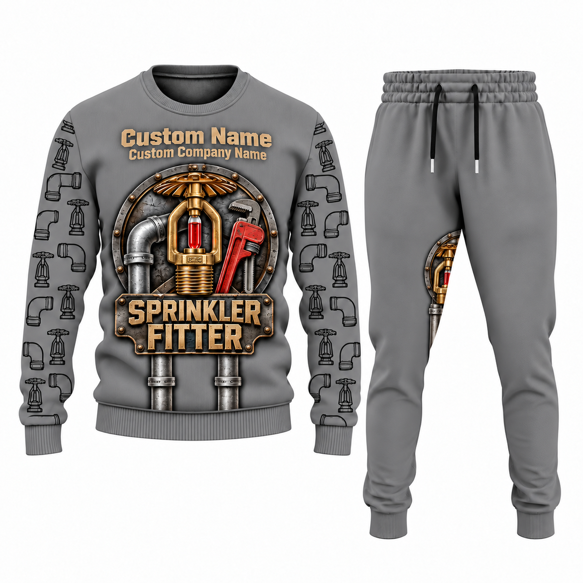 Sprinkler Fitter Central Emblem sweater and jogger combo, gray view with name and company artwork