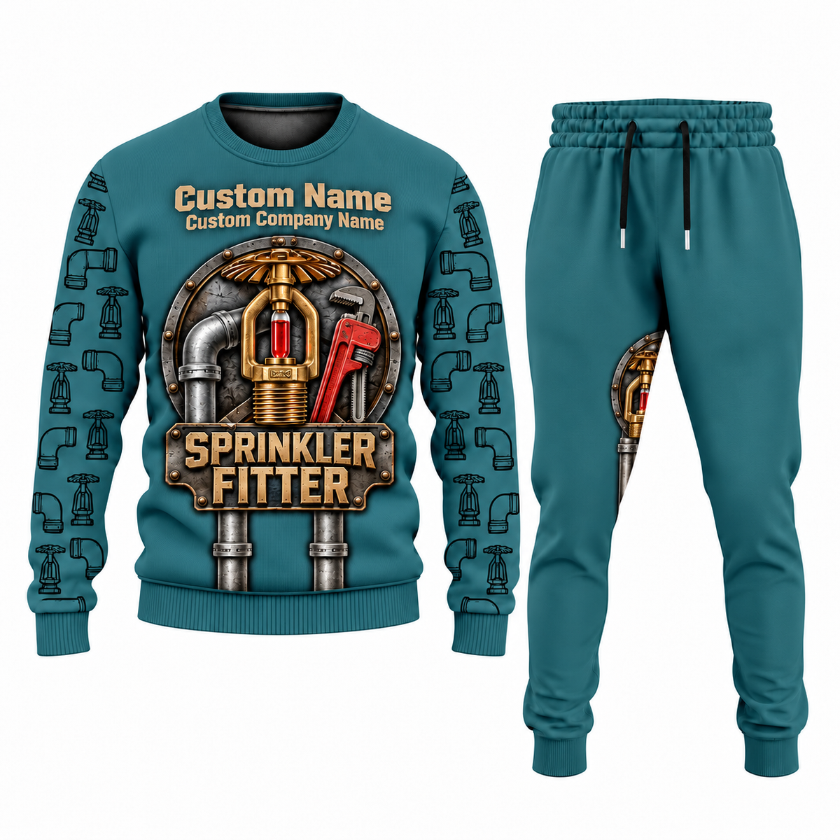 Sprinkler Fitter Central Emblem sweater and jogger combo, teal view with name and company artwork