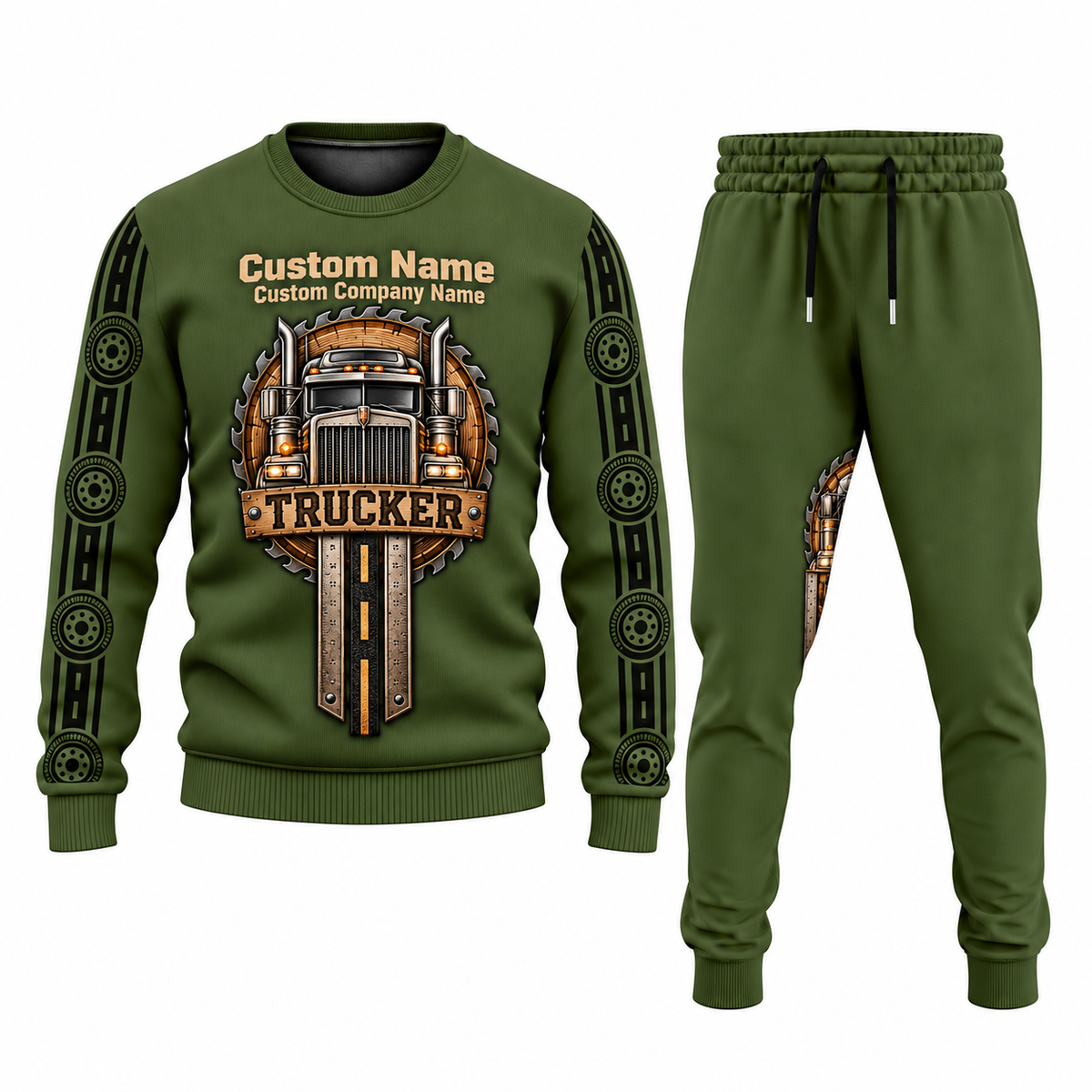 Trucker Central Emblem sweater and jogger combo, olive view with name and company artwork