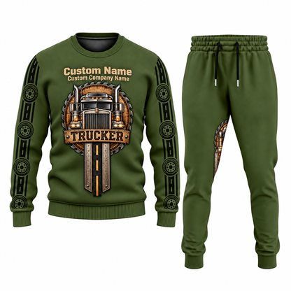 Trucker Central Emblem sweater and jogger combo, olive view with name and company artwork