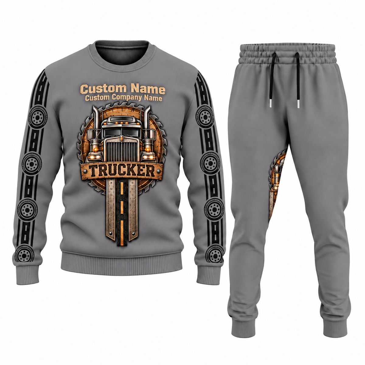 Trucker Central Emblem sweater and jogger combo, gray view with name and company artwork