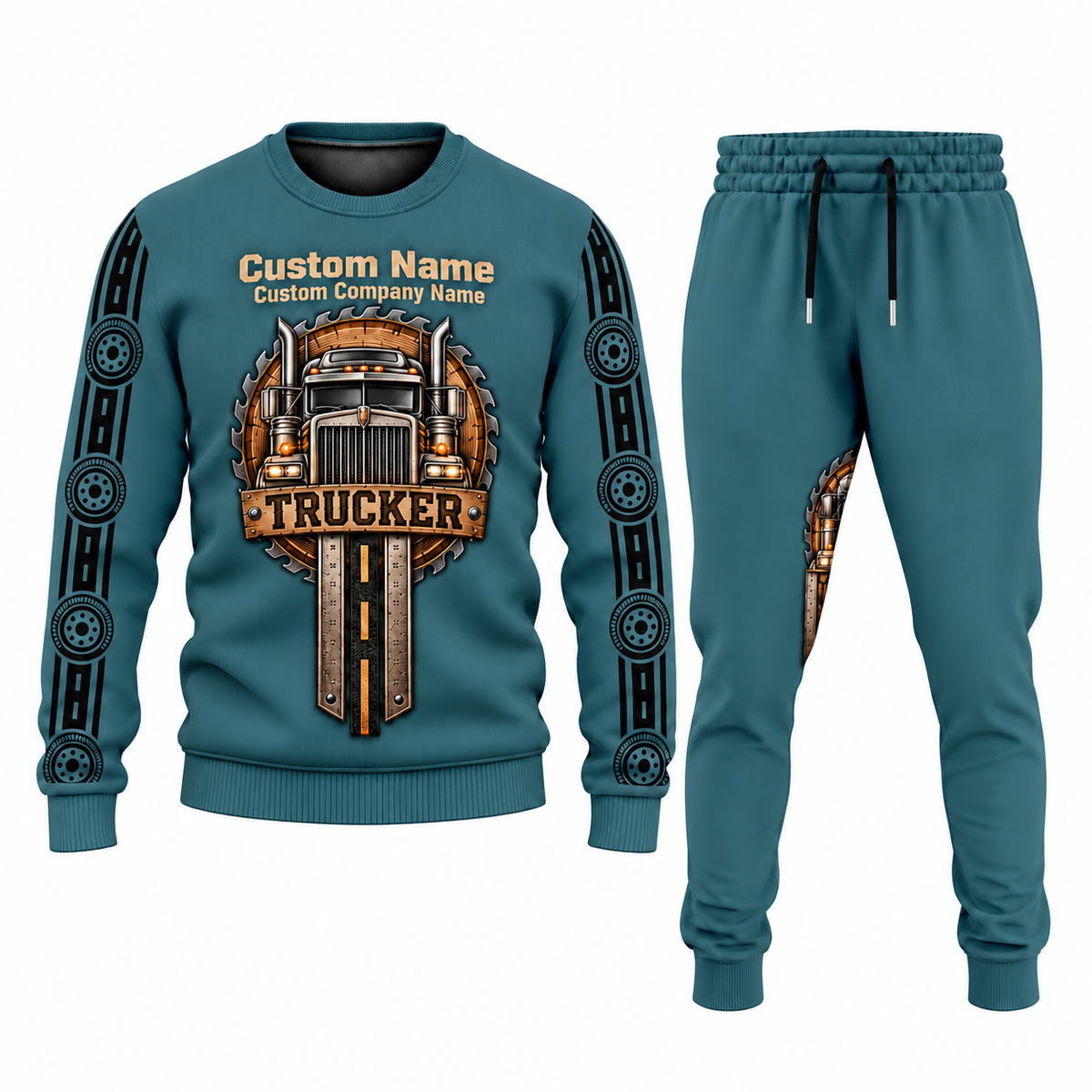 Trucker Central Emblem sweater and jogger combo, teal view with name and company artwork