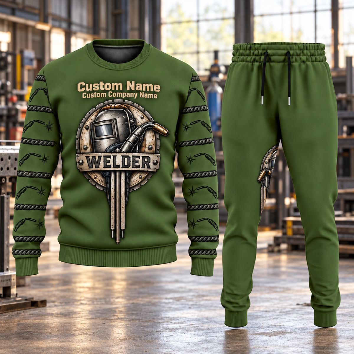 Welder Central Emblem sweater and jogger combo, hero view with name and company artwork