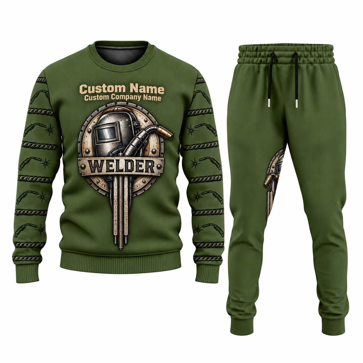 Welder Central Emblem sweater and jogger combo, olive view with name and company artwork