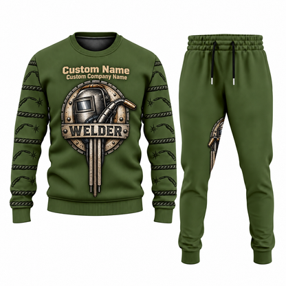 Welder Central Emblem sweater and jogger combo, olive view with name and company artwork