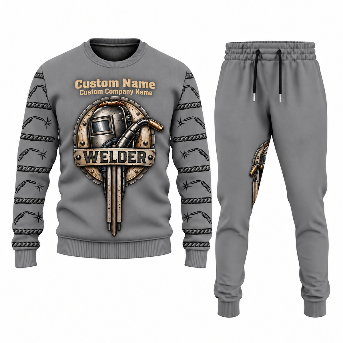 Welder Central Emblem sweater and jogger combo, gray view with name and company artwork