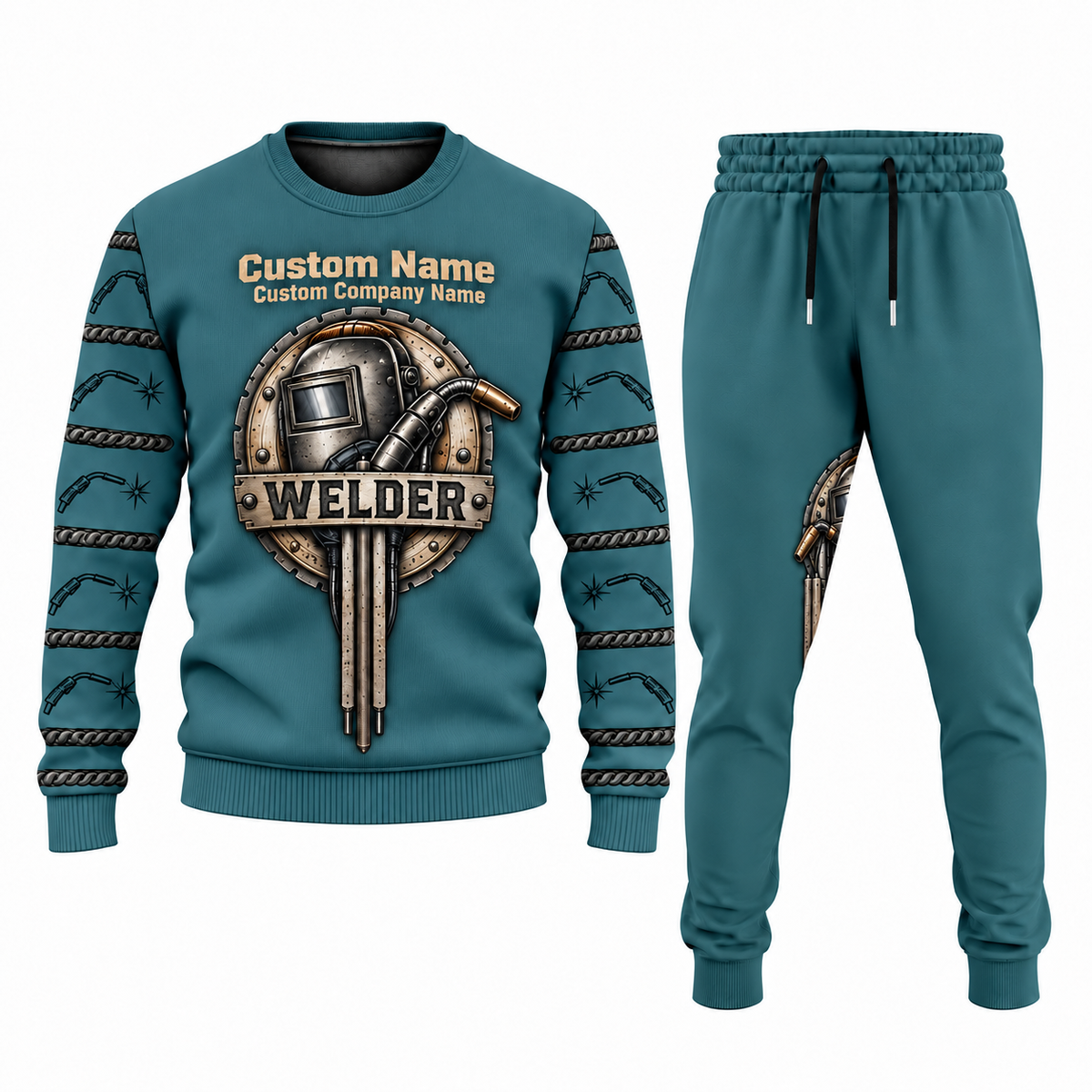 Welder Central Emblem sweater and jogger combo, teal view with name and company artwork