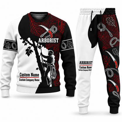 Arborist Contrast Silhouette sweater and jogger combo, tools view with name and company artwork