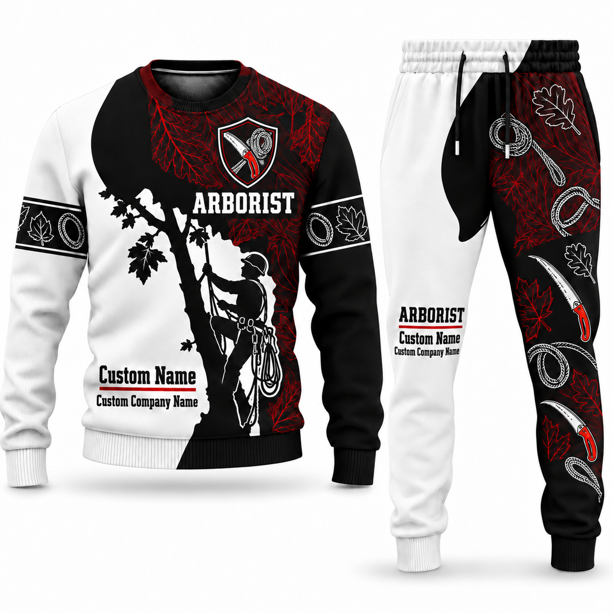Arborist Contrast Silhouette sweater and jogger combo, emblem view with name and company artwork