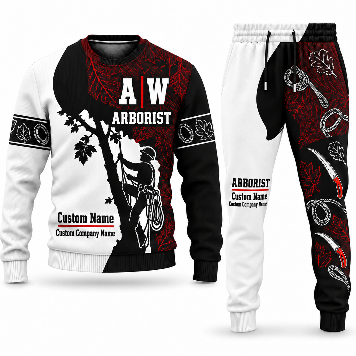 Arborist Contrast Silhouette sweater and jogger combo, typography view with name and company artwork