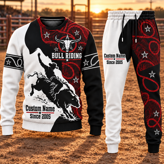 Bull Riding Contrast Silhouette sweater and jogger combo, hero view with name and Since 2005 artwork