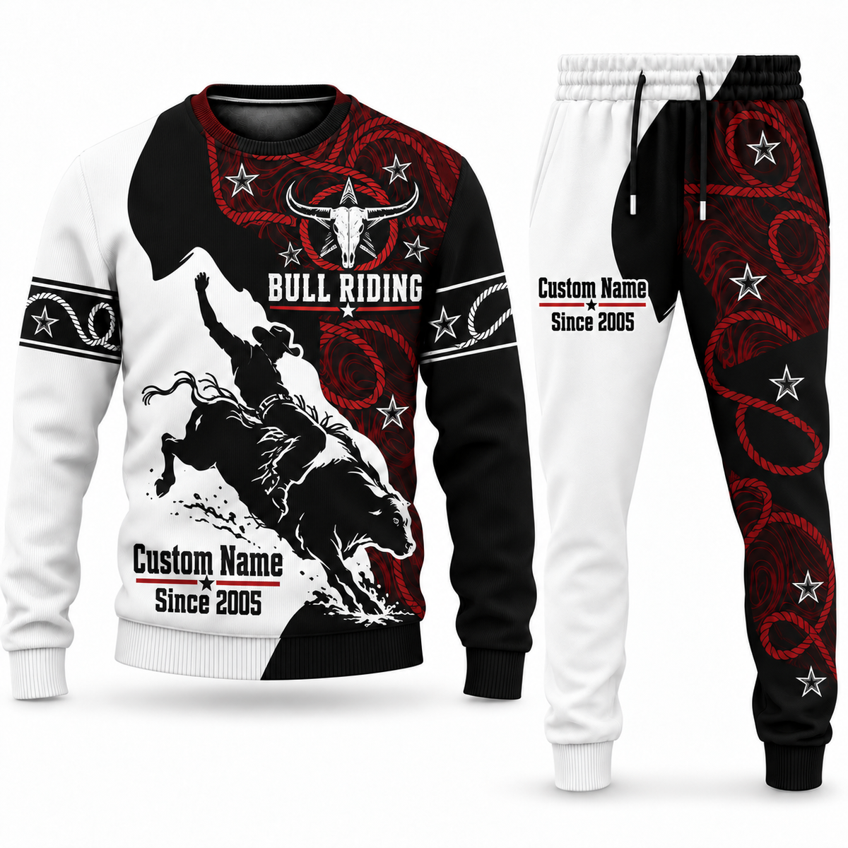 Bull Riding Contrast Silhouette sweater and jogger combo, tools view with name and Since 2005 artwork