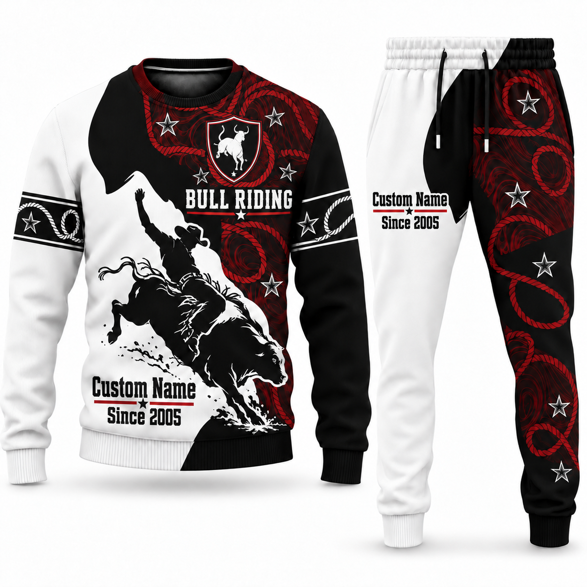 Bull Riding Contrast Silhouette sweater and jogger combo, emblem view with name and Since 2005 artwork