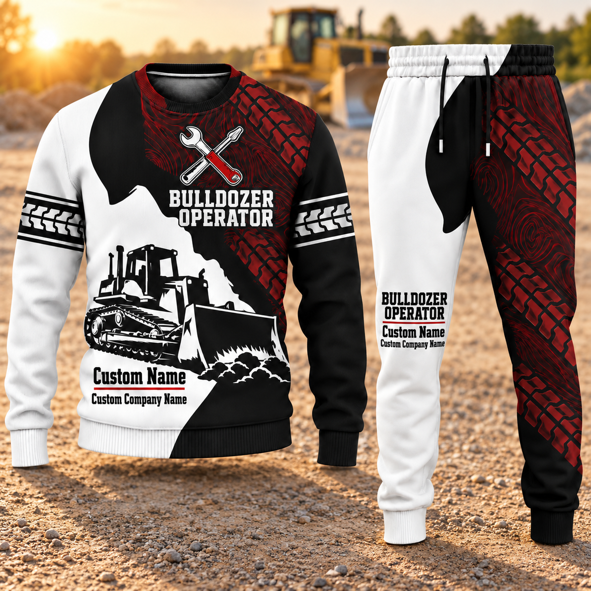Bulldozer Operator Contrast Silhouette sweater and jogger combo, hero view with name and company artwork