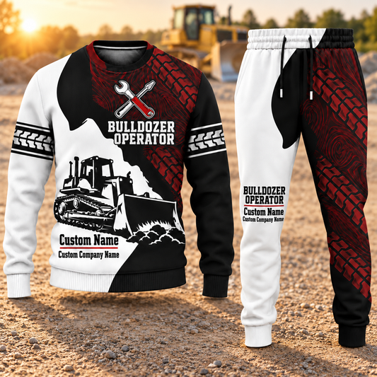 Bulldozer Operator Contrast Silhouette sweater and jogger combo, hero view with name and company artwork