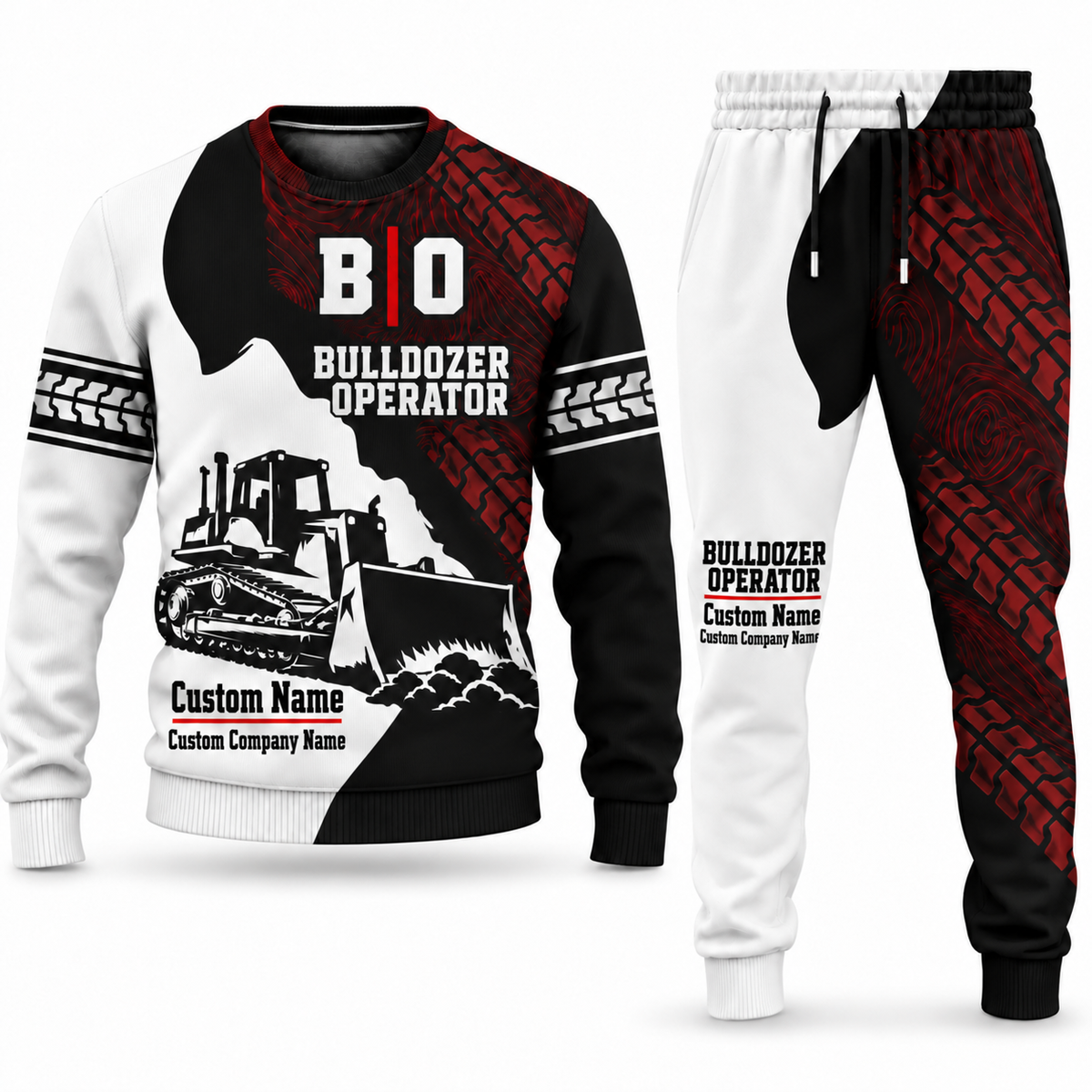 Bulldozer Operator Contrast Silhouette sweater and jogger combo, typography view with name and company artwork