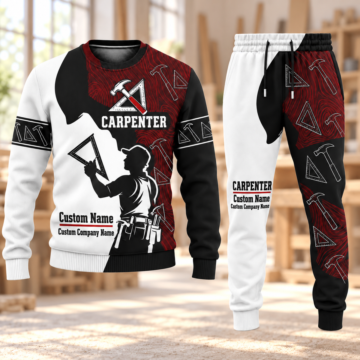 Carpenter Contrast Silhouette sweater and jogger combo, hero view with name and company artwork